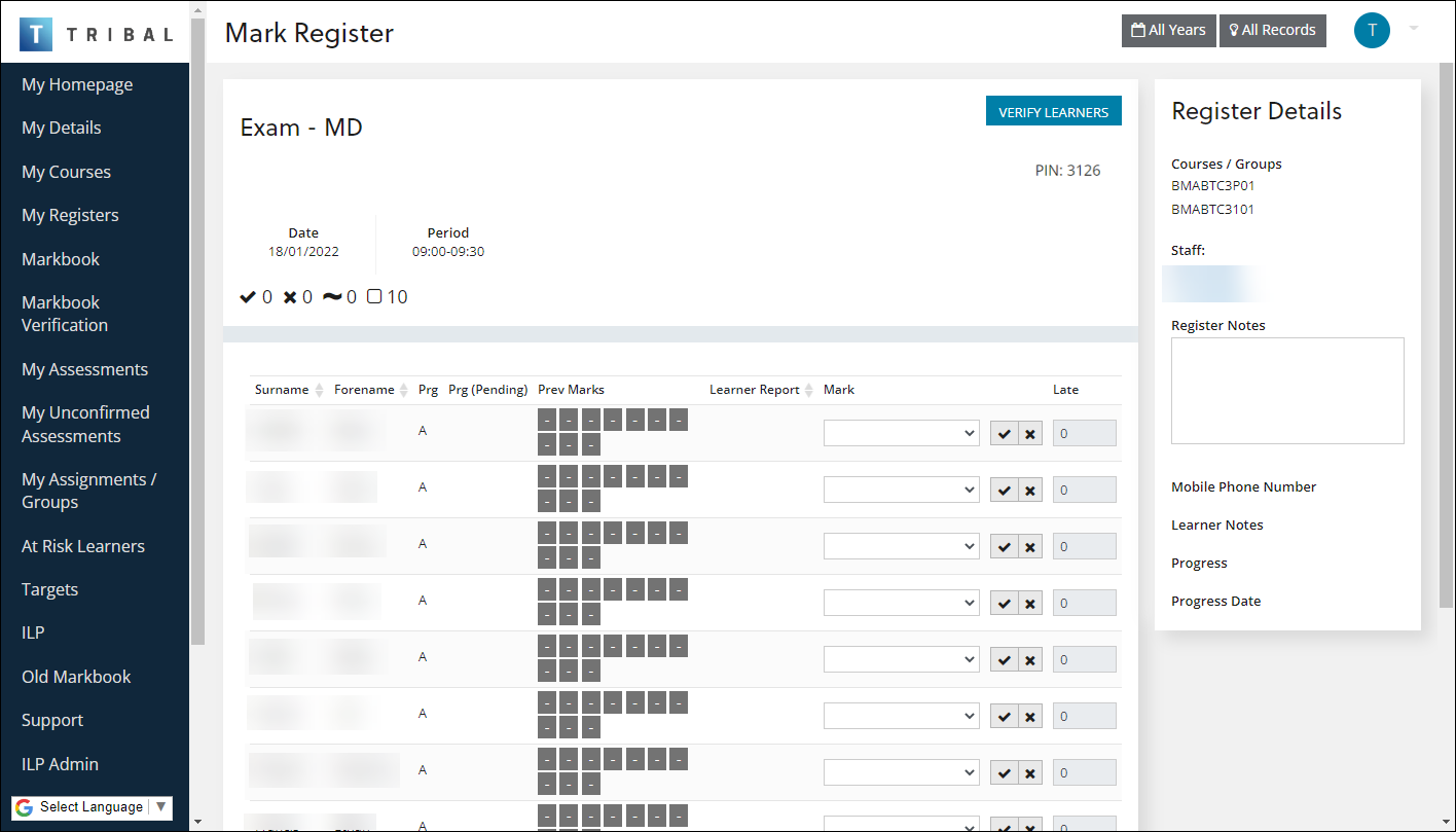 Mark Registers screen